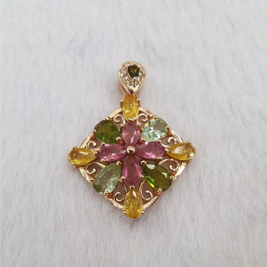 Colorful Tourmaline Flower Pendant Necklace Rose Gold