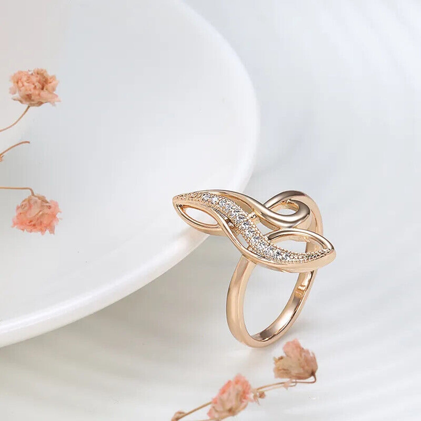 Rose Gold Ring, Shiny Rose Gold Zircon Ring, Women's 585 Rose Gold Ring