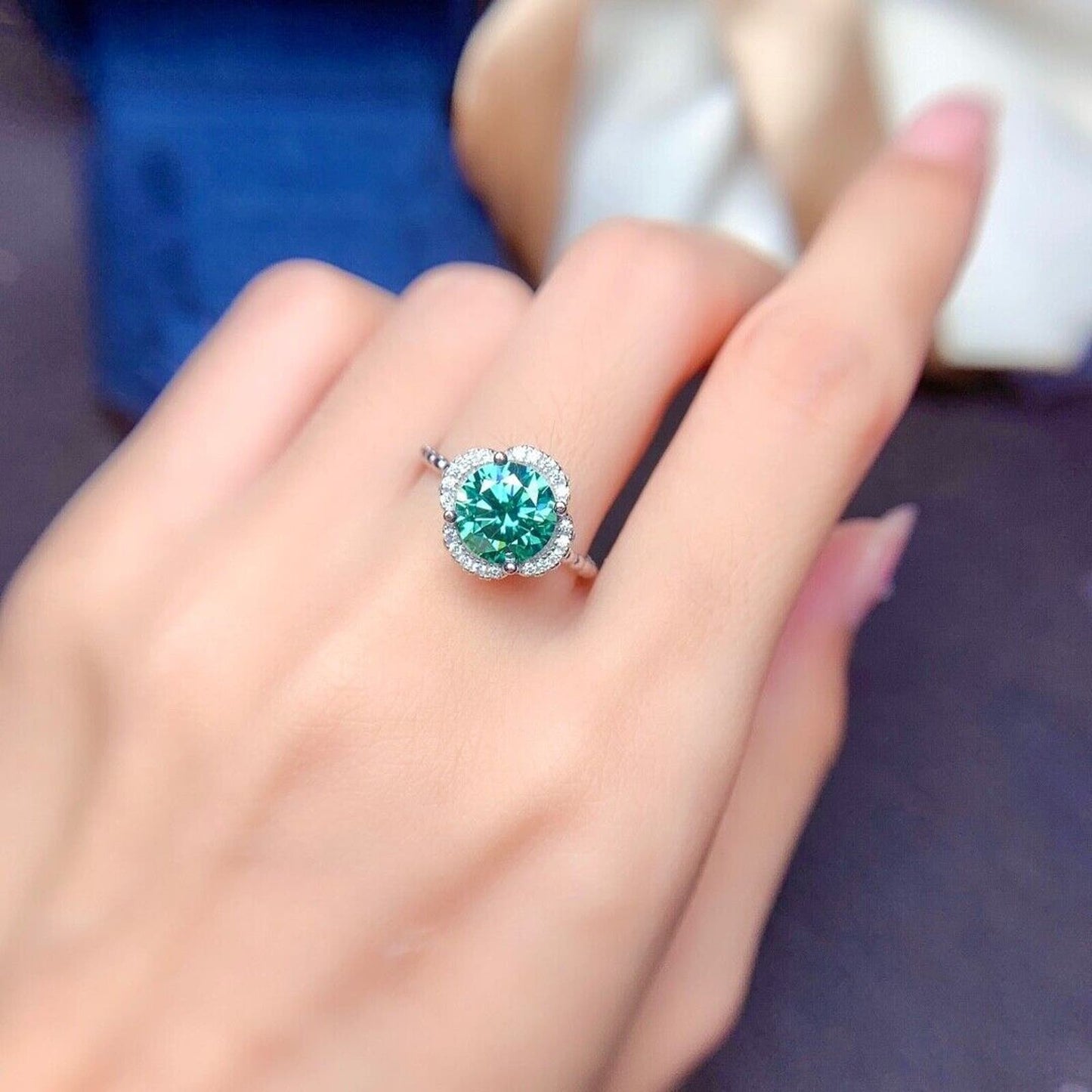 2 Carat Green Moissanite Large Flower Ring with Zirconia 925 Sterling Silver