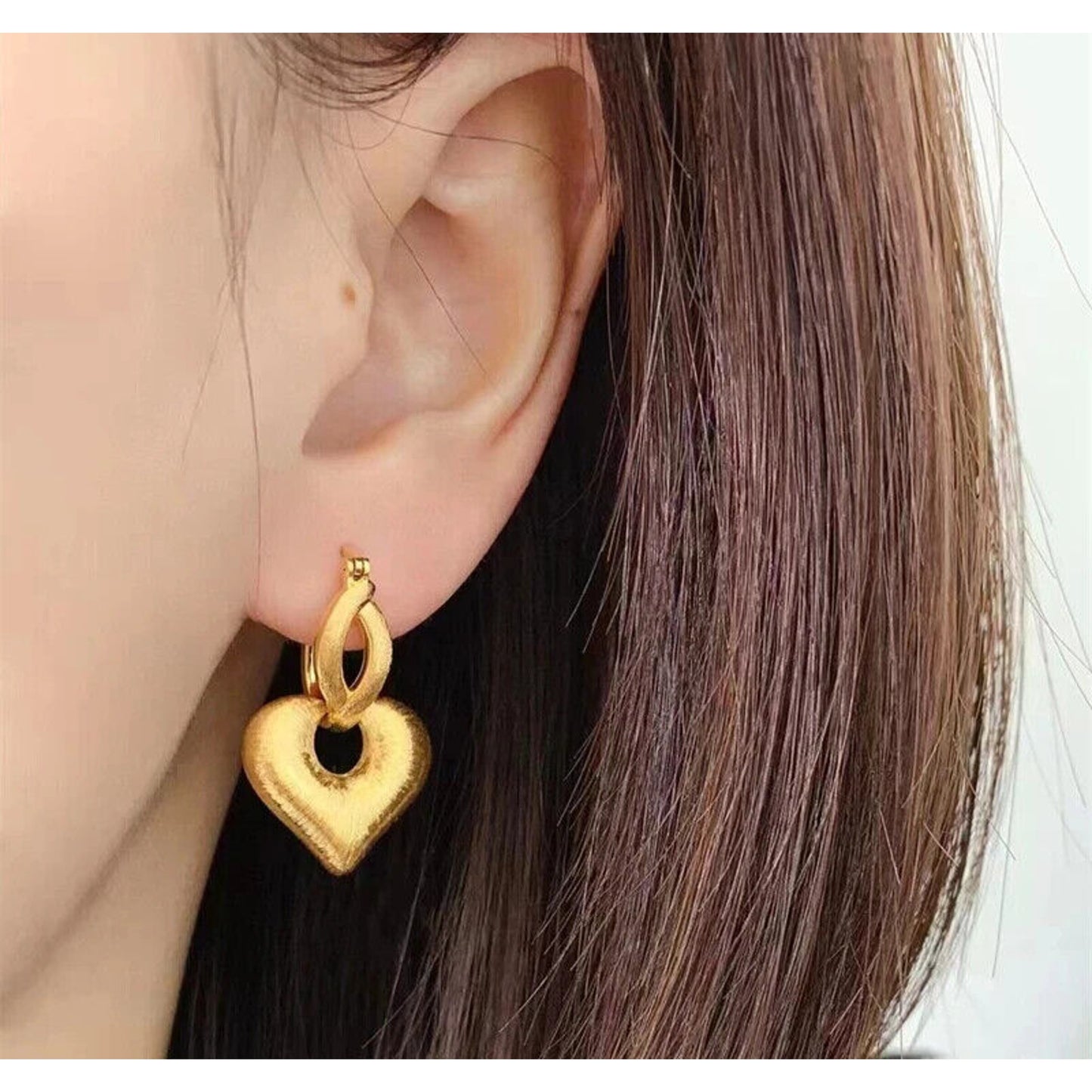 18k Brushed Yellow Gold Heart Dangle Earrings, Solid Yellow Gold Dangle Earrings