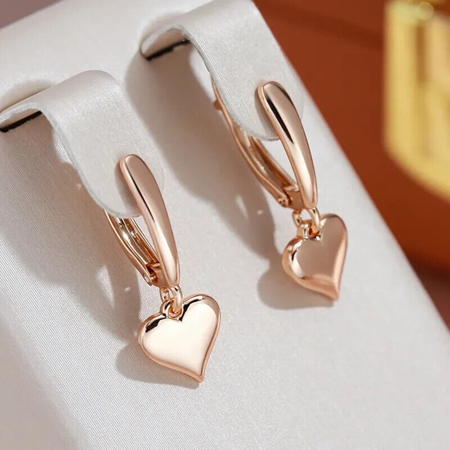 Rose Gold Earrings, Shiny Rose Gold Heart Earrings, 585 Rose Gold Heart Earrings