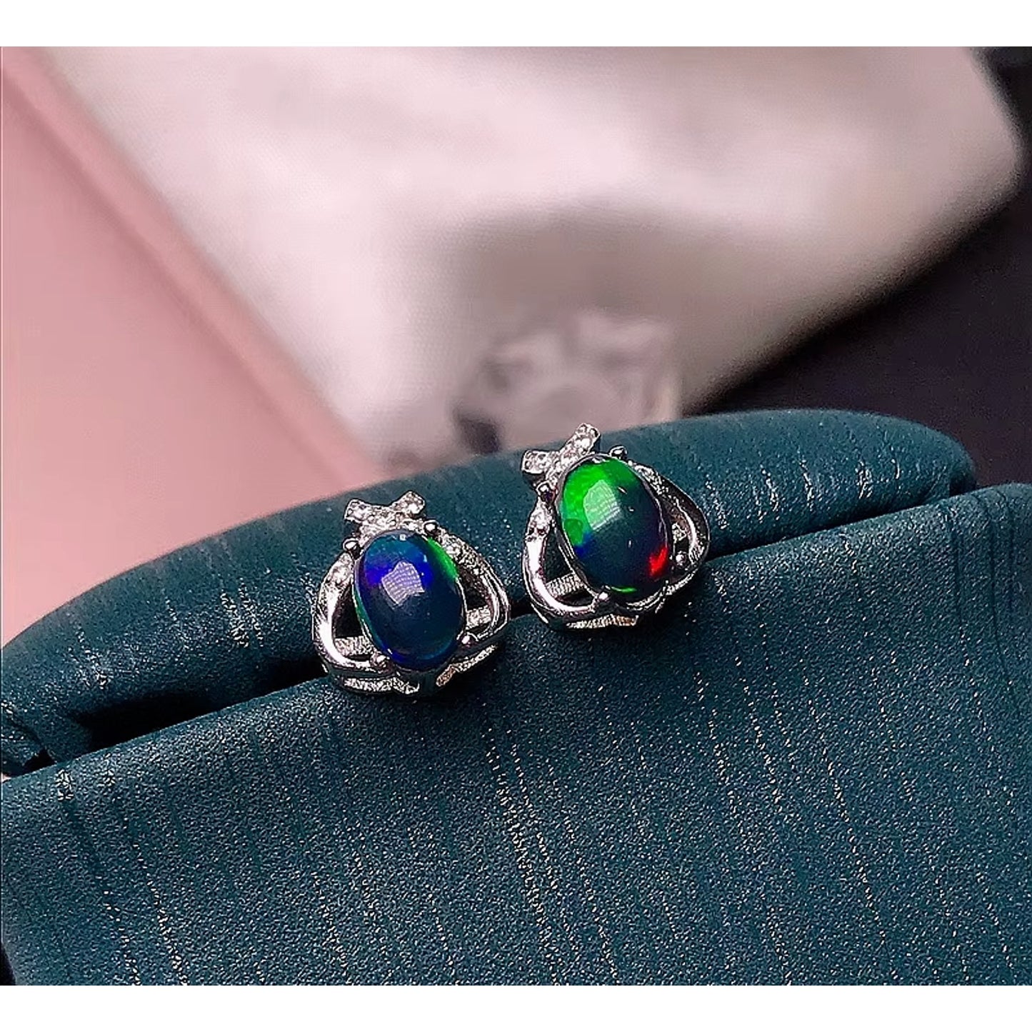 Black Fire Opal Stud Earrings Colorful Black Fire Opal Earrings Sterling Silver