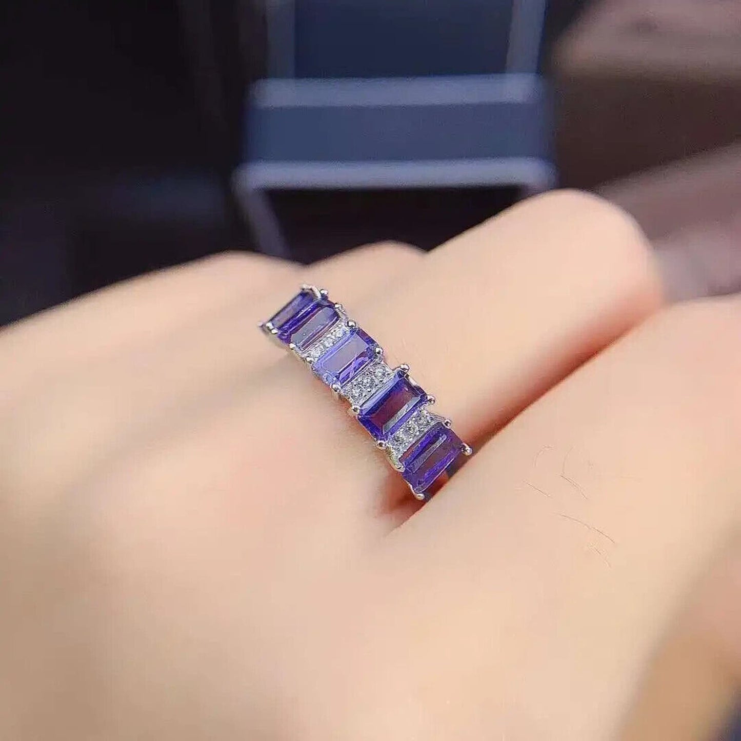 Purple Tanzanite Band Ring 3x5mm Platinum Plated