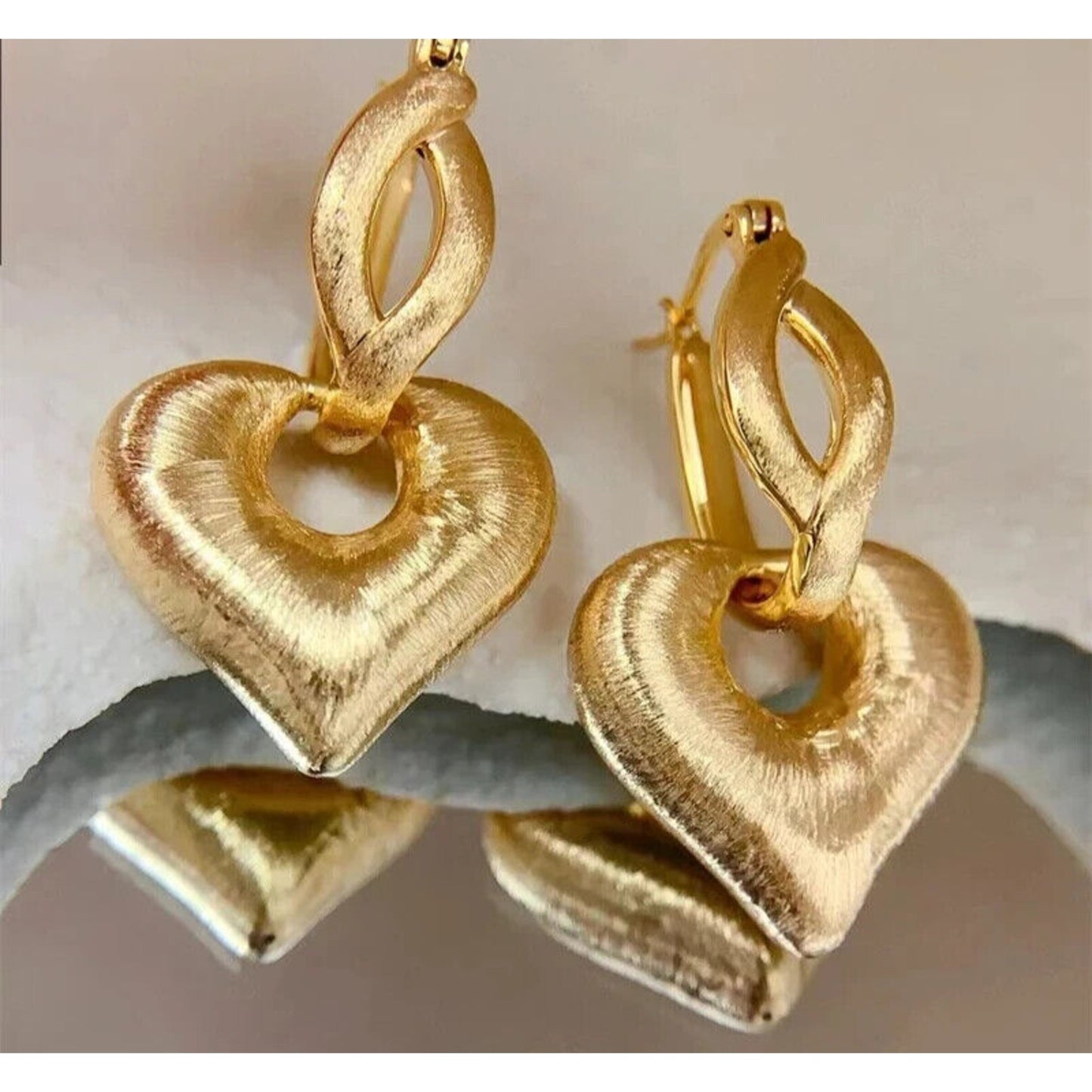 18k Brushed Yellow Gold Heart Dangle Earrings, Solid Yellow Gold Dangle Earrings