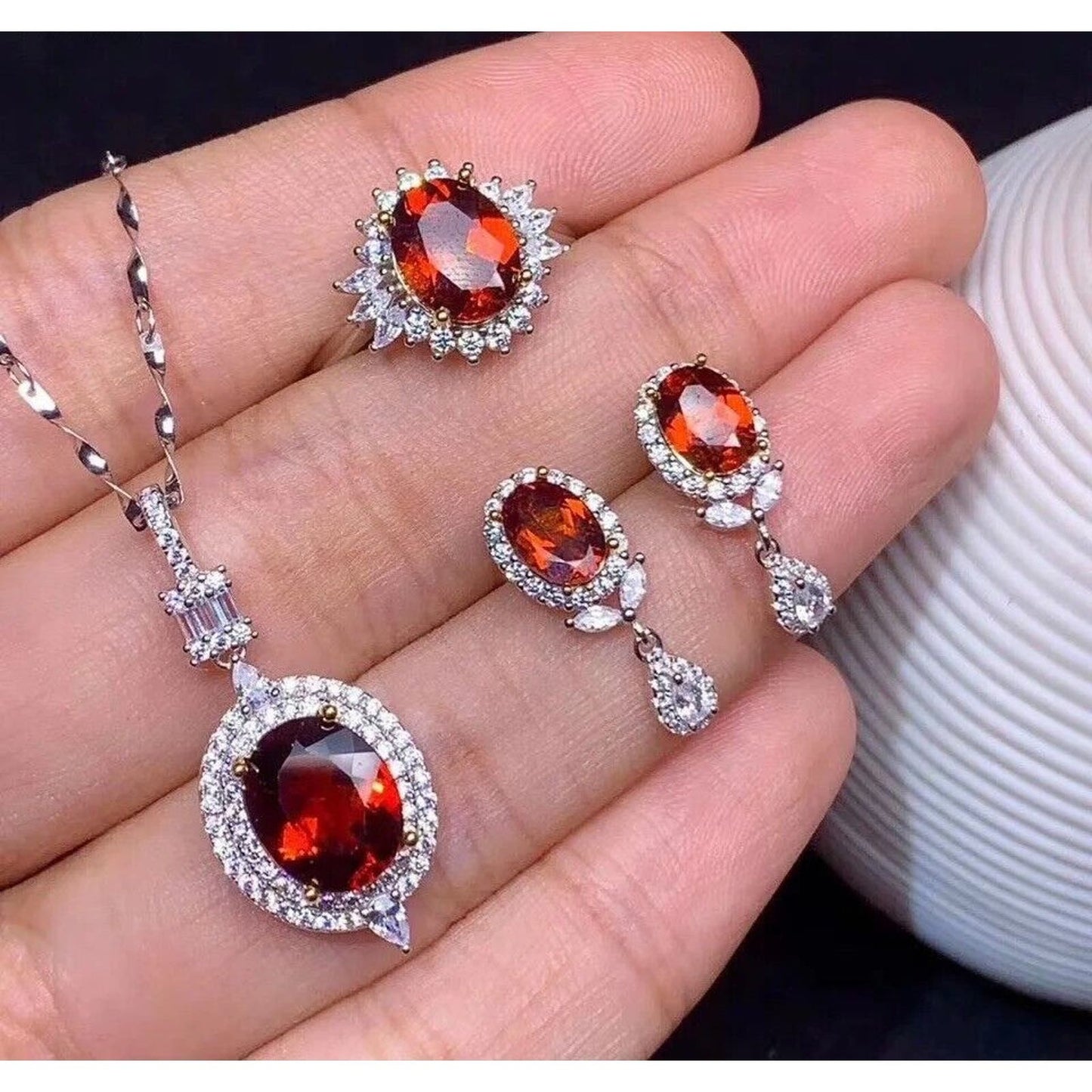 Women's Red Garnet Jewelry Set, Natural Garnet Necklace, Earrings And Pendant