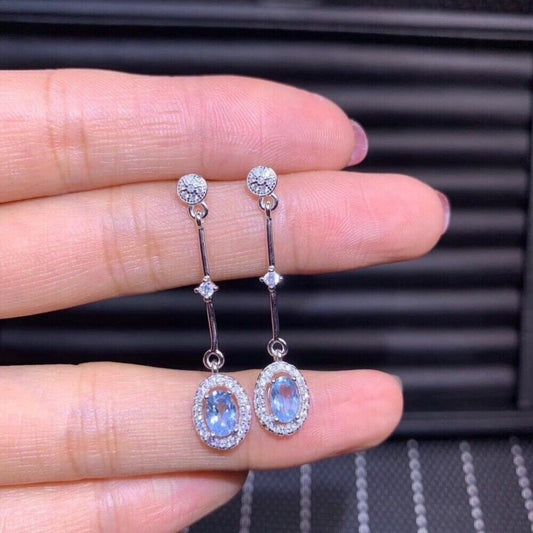 Natural Aquamarine Drop Dangle Earrings 4x6mm Platinum Plated