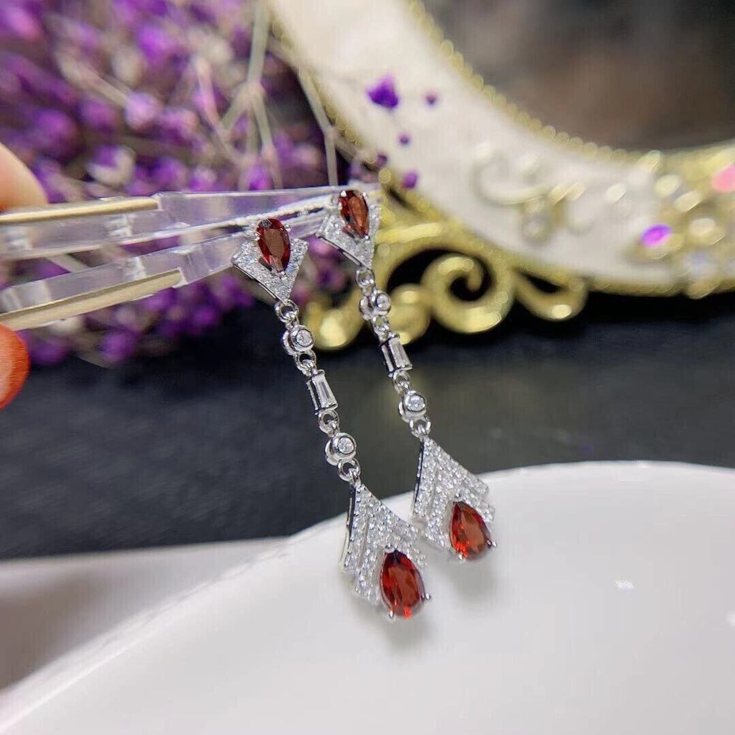 Red Garnet Long Dangle Earrings 4x6mm Platinum Plated