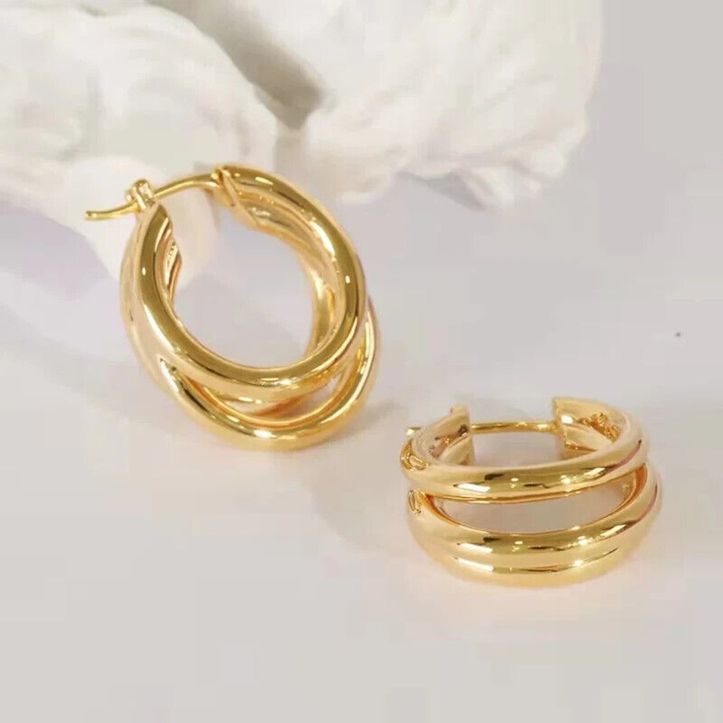 18k Yellow Gold 3 Layer Hoop Earrings, Solid yellow Gold Hoop Earrings Au750