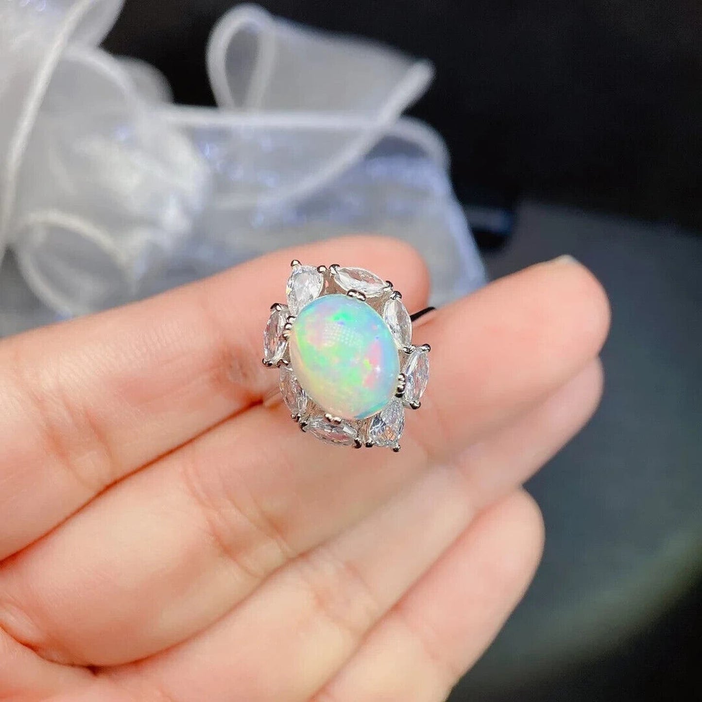 White Fire Opal Cluster Ring 10x12mm Sterling Silver