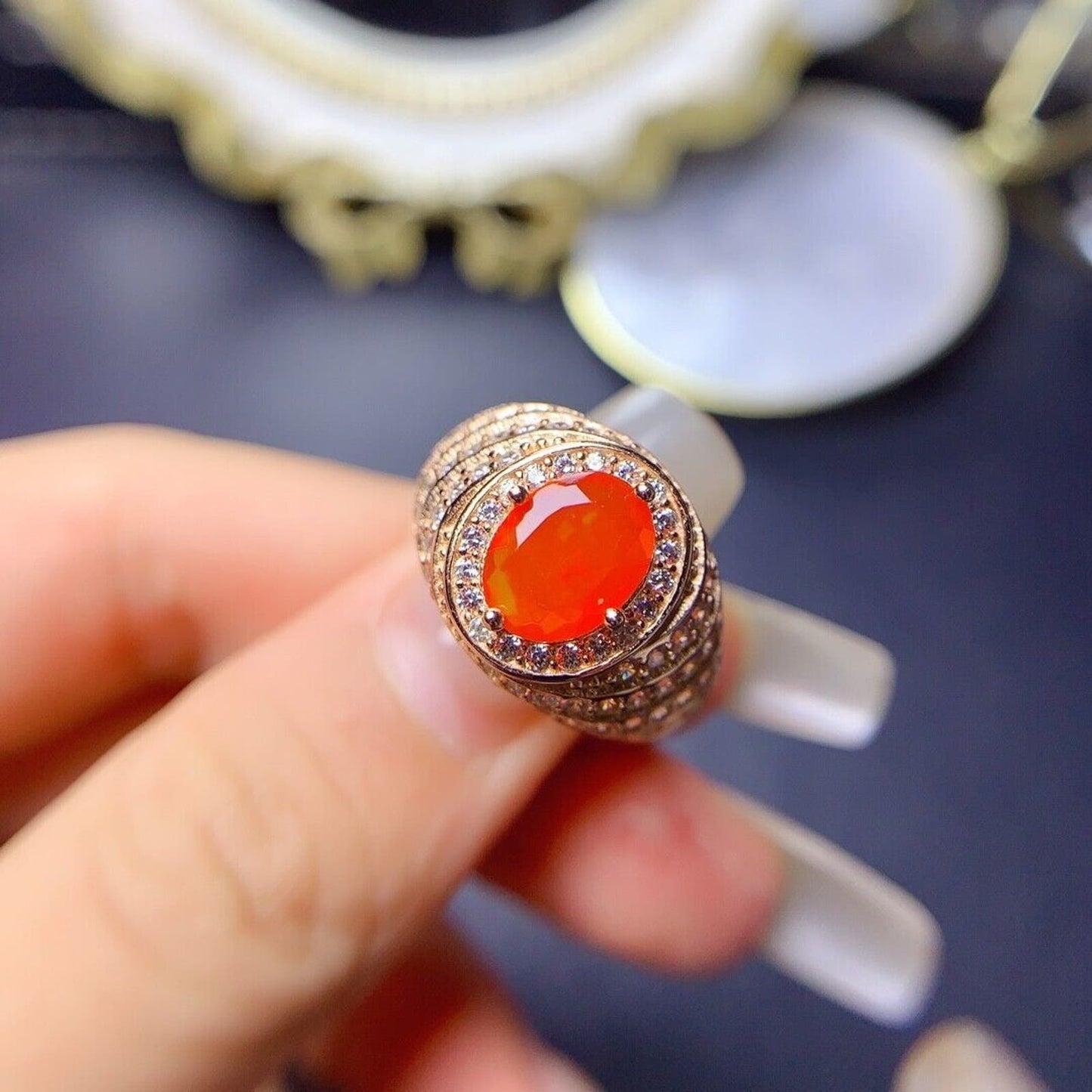 Natural Orange Fire Opal Cocktail Ring 7x9mm