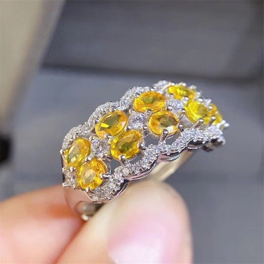 Bright Yellow Citrine Gemstone Double Layer Band Ring 3x4mm