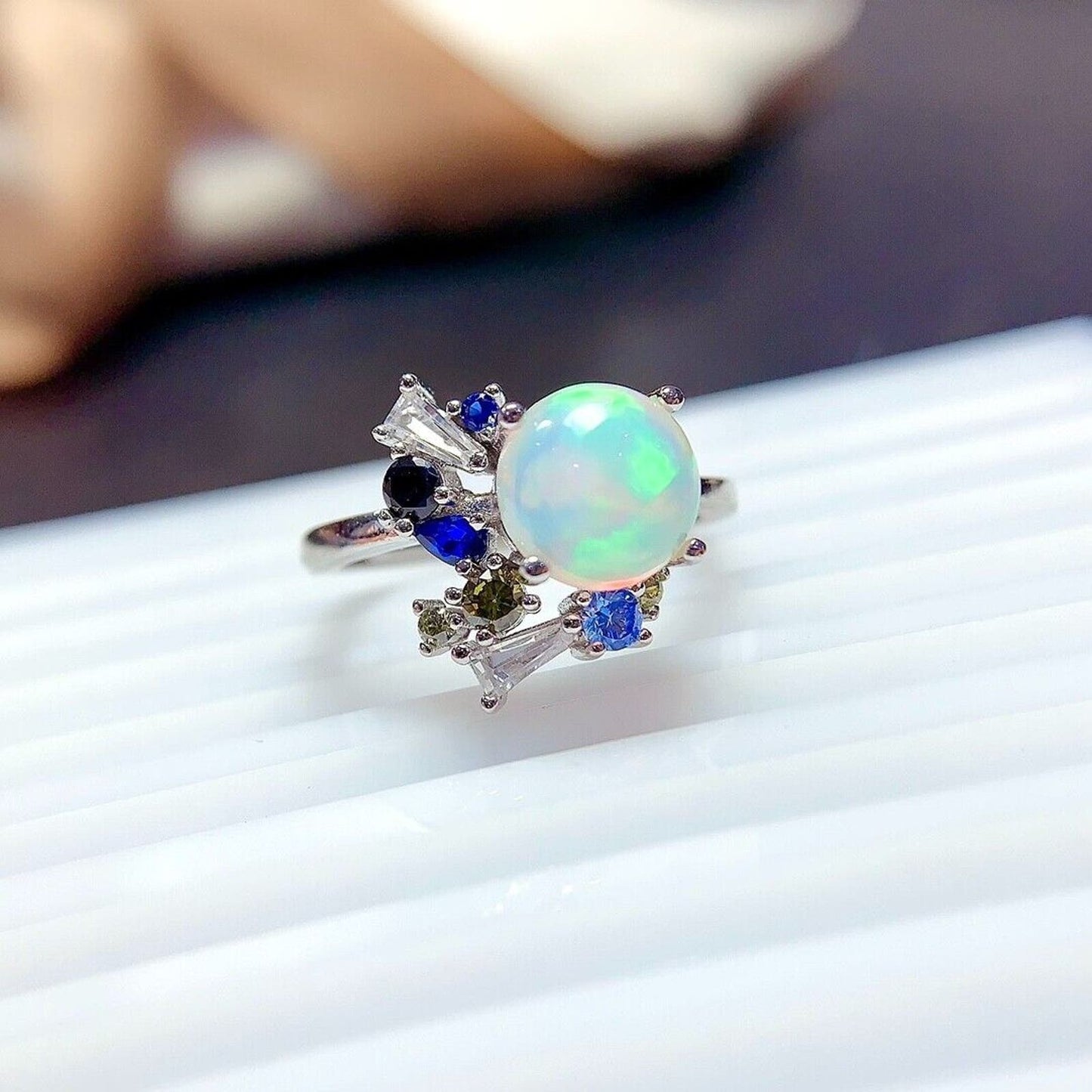 Natural White Opal Cocktail Ring Round 8mm