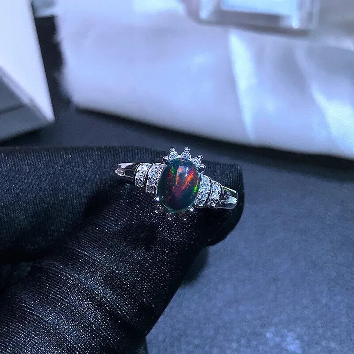 Dainty Black Fire Opal Ring 6x8mm Sterling Silver