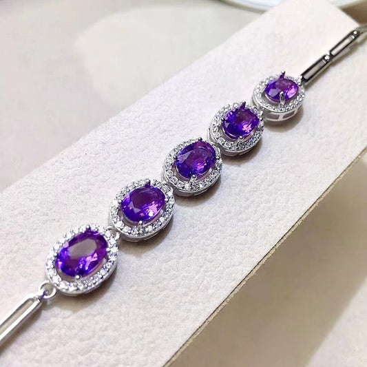 Natural Amethyst Gemstone Tennis Bracelet, Paperclip Chain Amethyst Bracelet