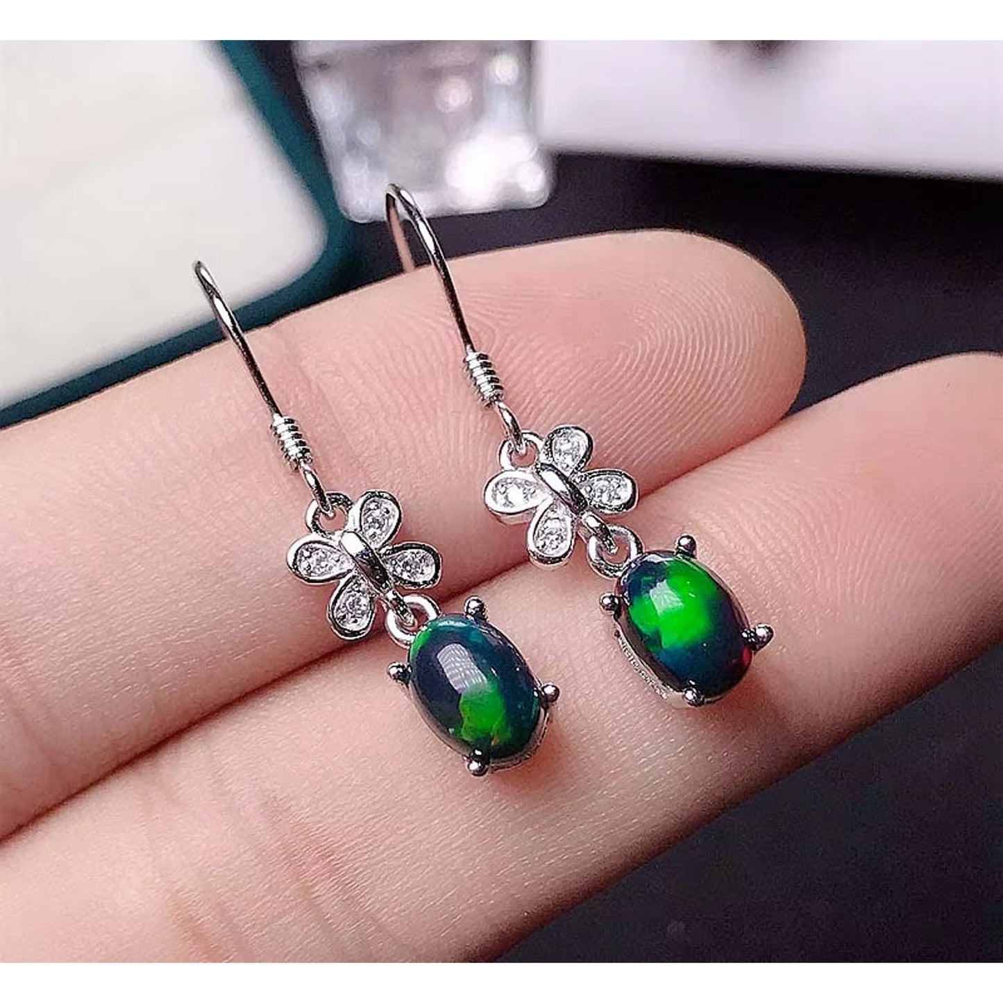 Black Fire Opal Dangle Earrings, Natural Fire Opal Earrings 925 Sterling Silver