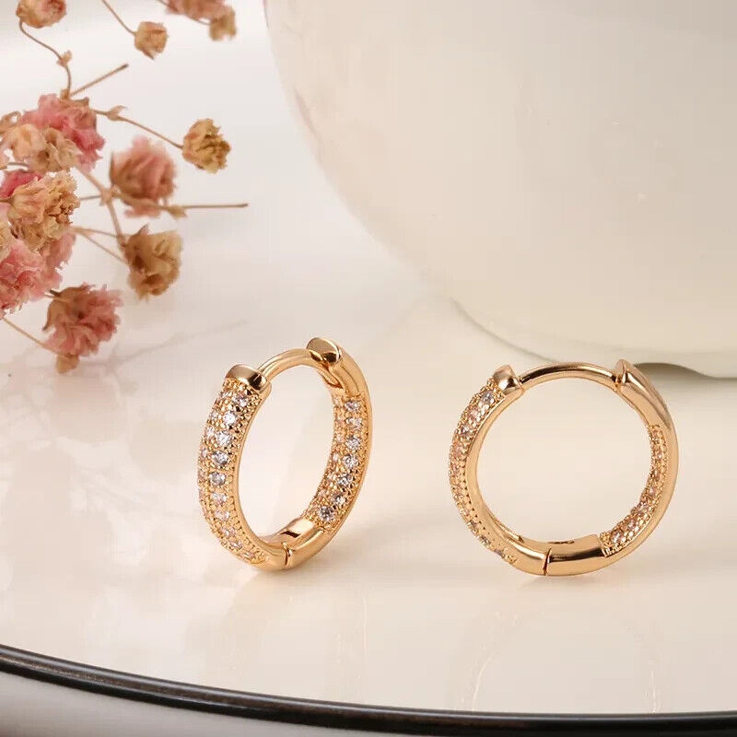 Rose Gold Earrings, Shiny Rose Gold Hoop Earrings, 585 Rose Gold Hoops