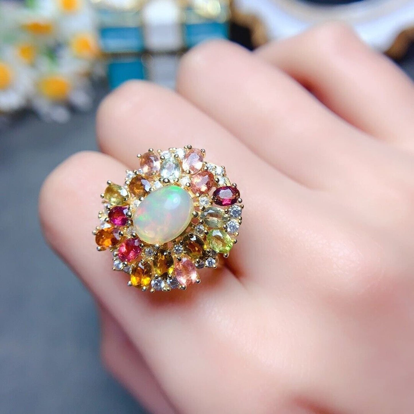 Fire Opal and Multicolor Tourmaline Statement Ring 7x9mm