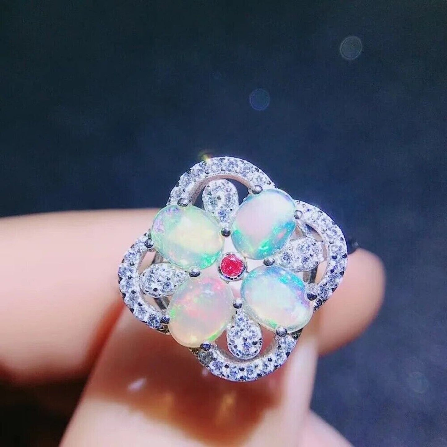 Fire Opal Flower Cluster Ring 4x6mm Sterling Silver