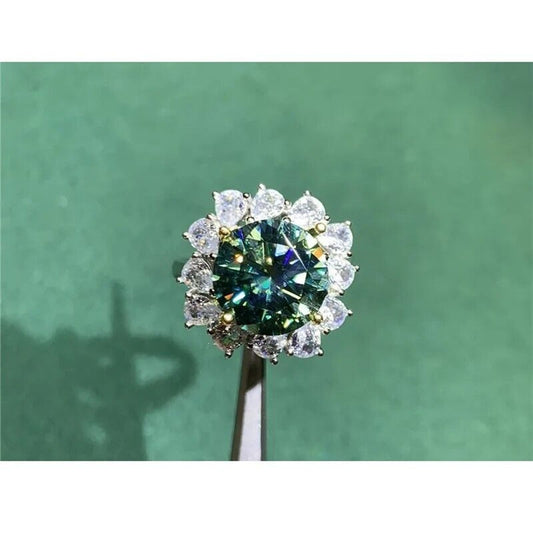 5 Carat VVS1 Round Brilliant Cut Green Moissanite Ring Sterling Silver