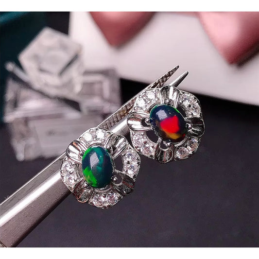 Fire Opal Stud Earrings Colorful Black Fire Opal Earrings 925 Sterling Silver