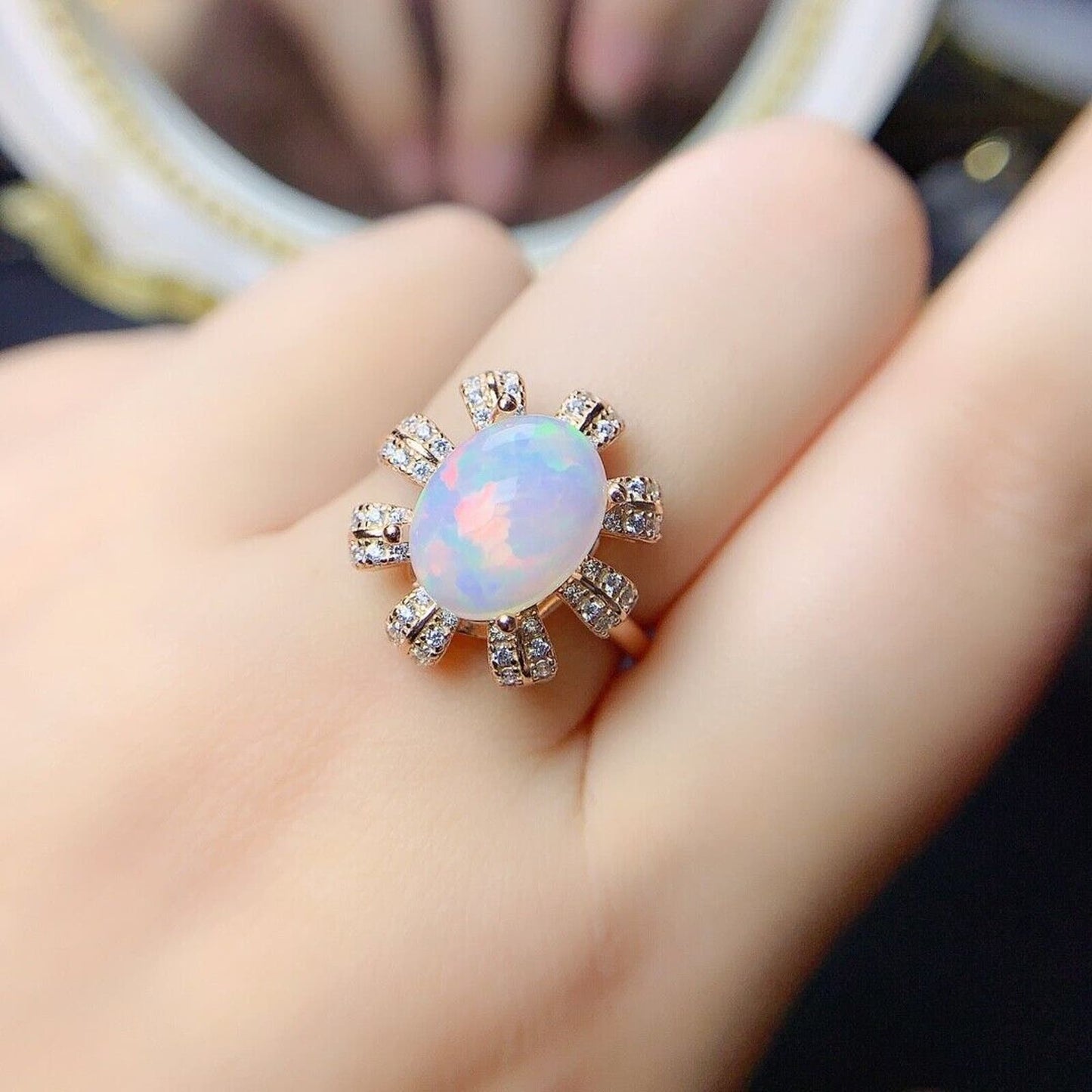 Natural Fire Opal Statement Ring 9x11mm Sterling Silver