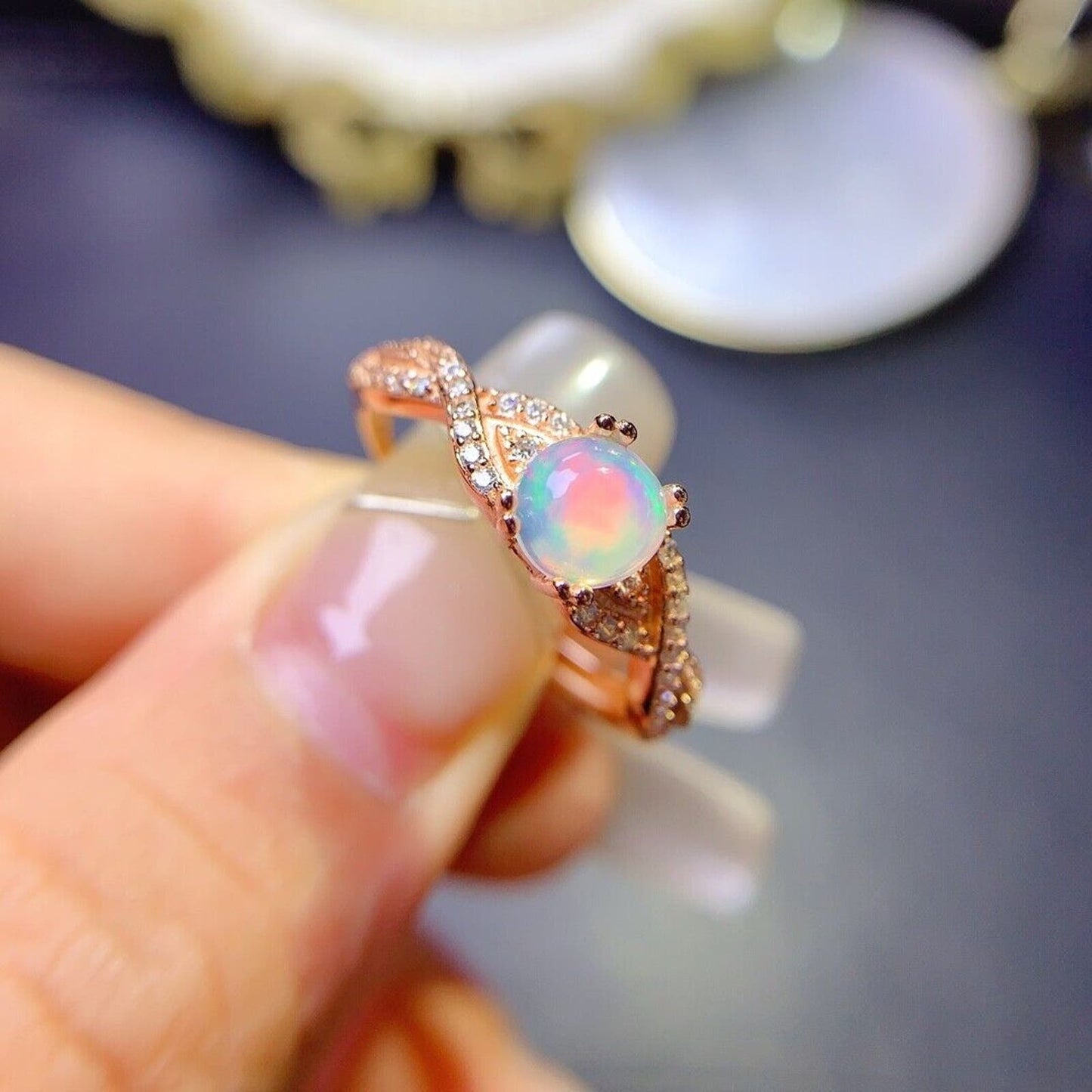 Dainty Opal Gemstone Ring 6mm Sterling Silver