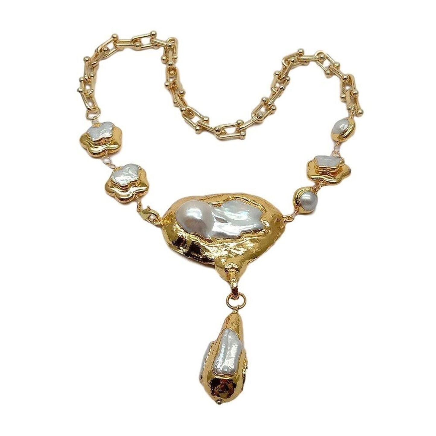 18k Gold Plated Keshi Pearl Pendant Necklace, Keshi Pearl Statement Necklace 18k