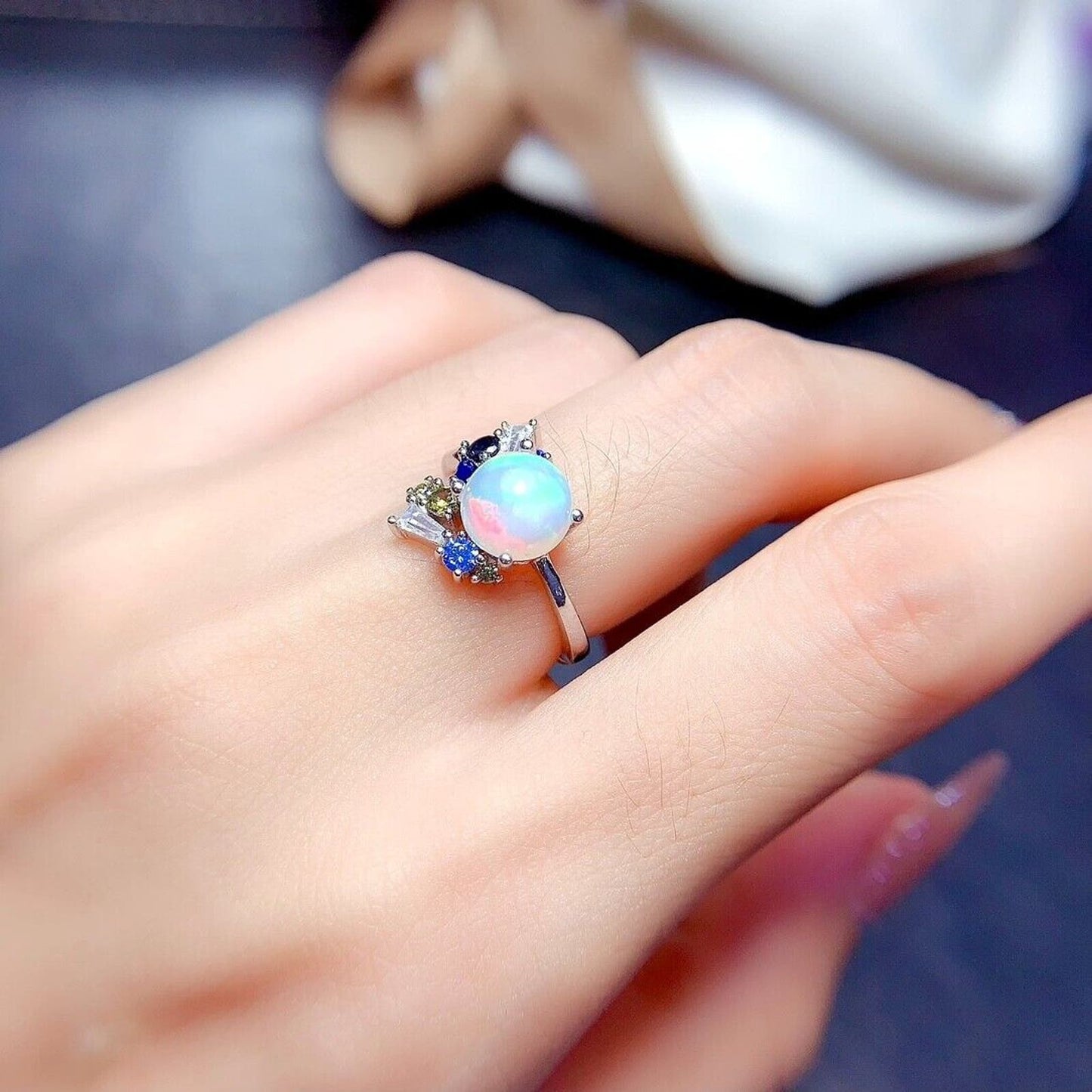 Natural White Opal Cocktail Ring Round 8mm