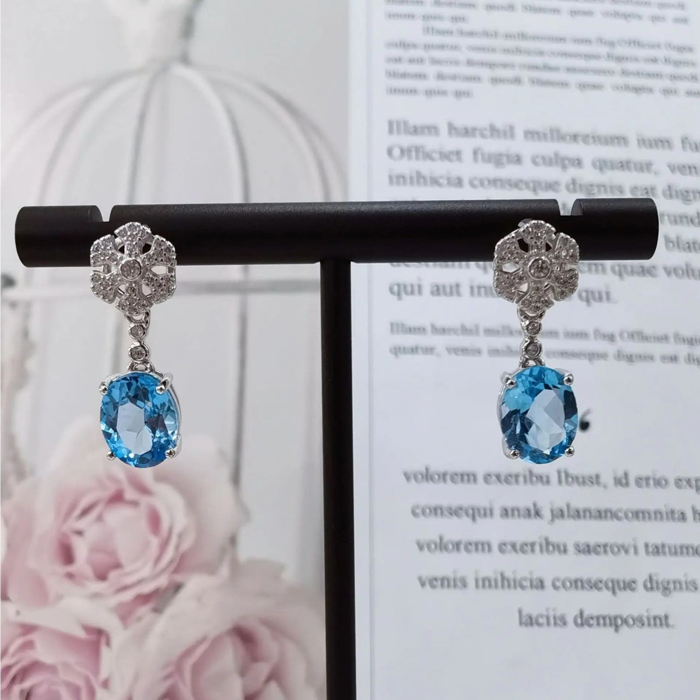 Swiss Blue Topaz Gemstone Dangle Earrings 6x8mm