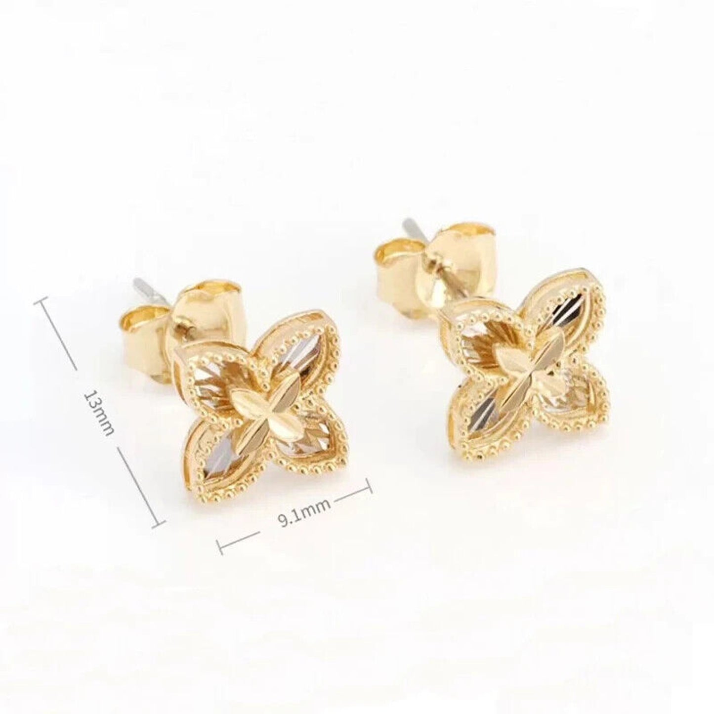 18k Gold Flower Stud Earrings, Pure 18k Gold Dainty Clover Earrings Au750