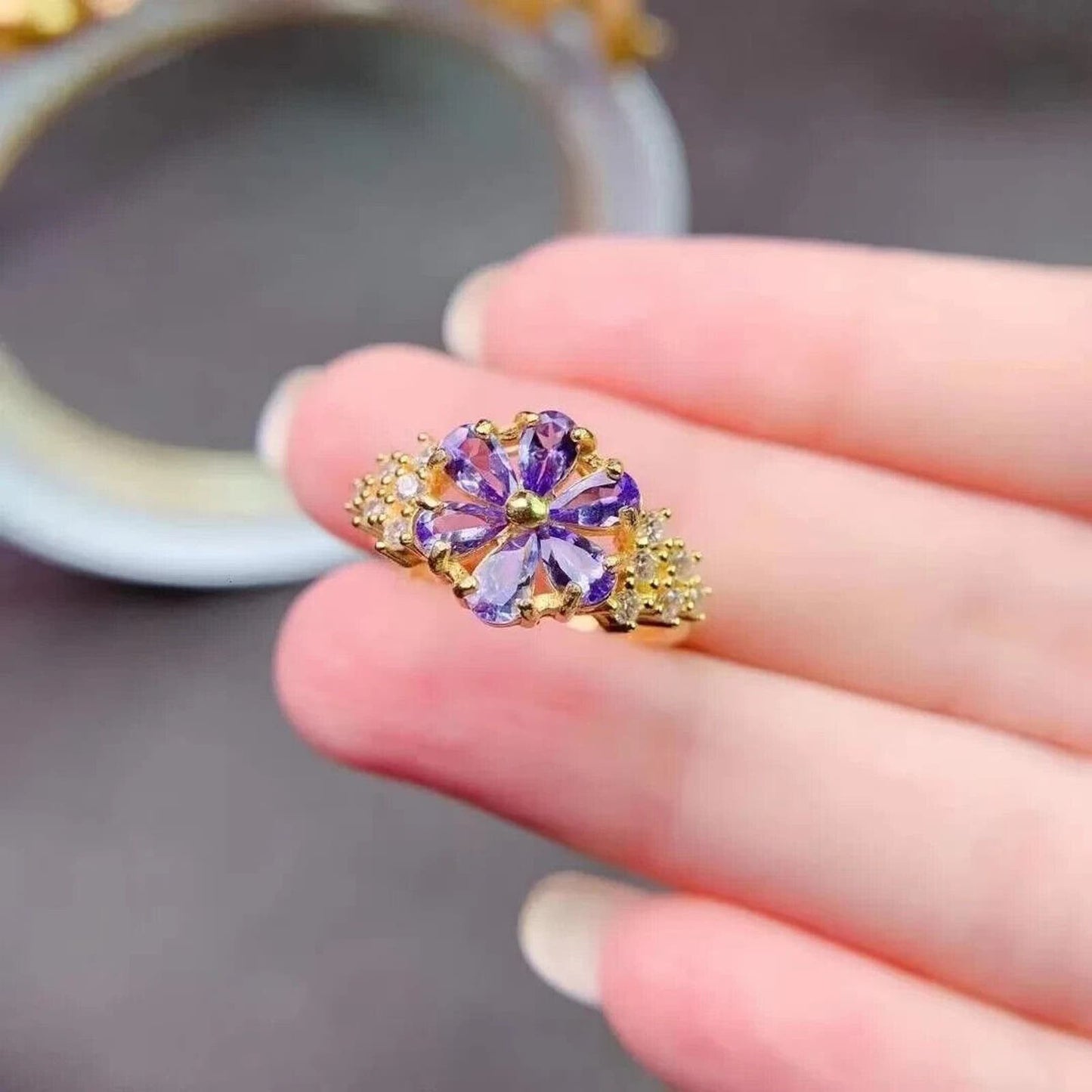 Purple Tanzanite Flower Ring Platinum Plated 3x4mm