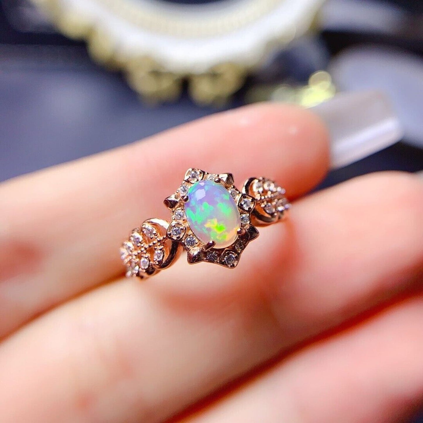 Fire Opal Lace Cocktail Ring 5x7mm Sterling Silver