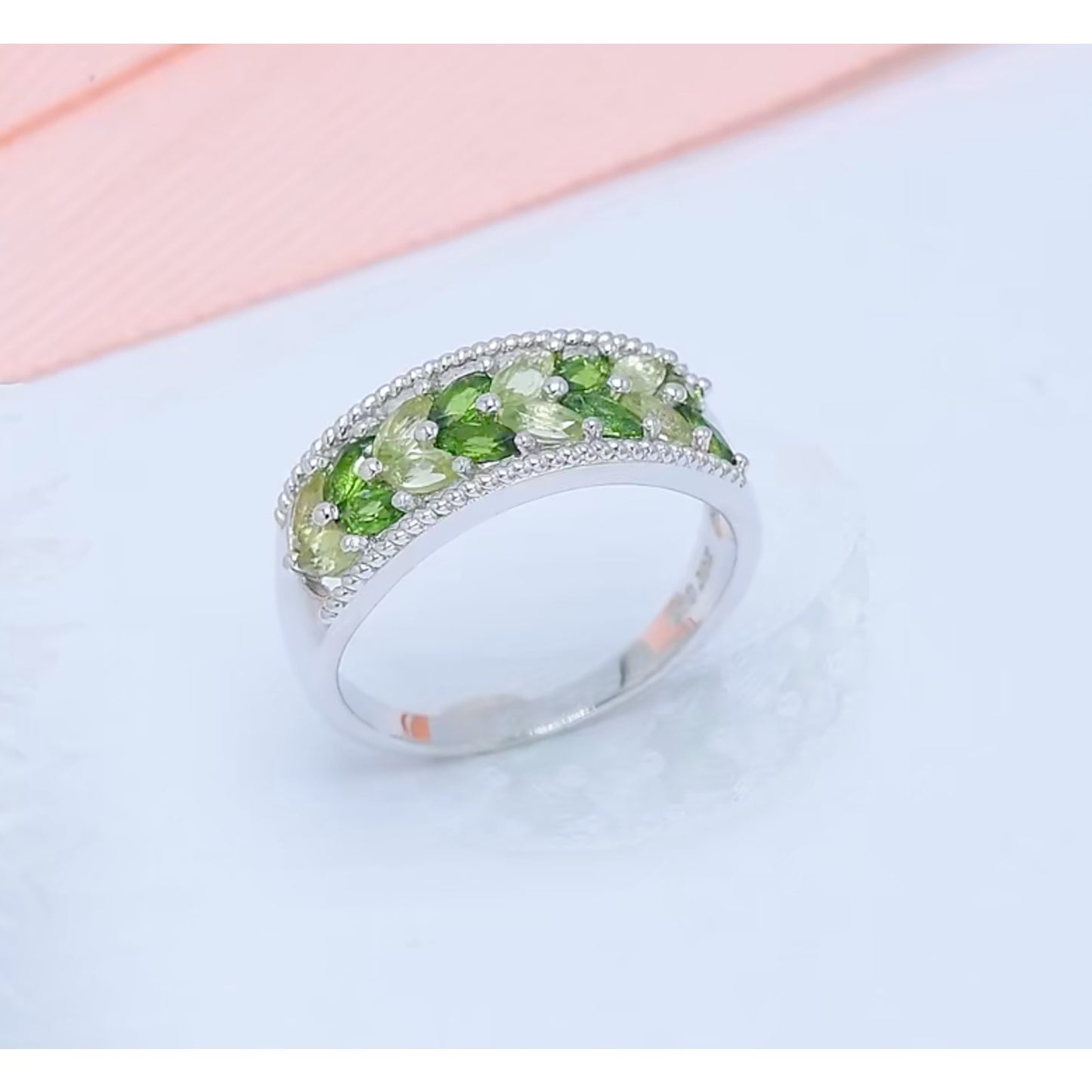 Peridot and Diopside Marquise Cut Band Ring, Green Gemstone Ring Sterling Silver