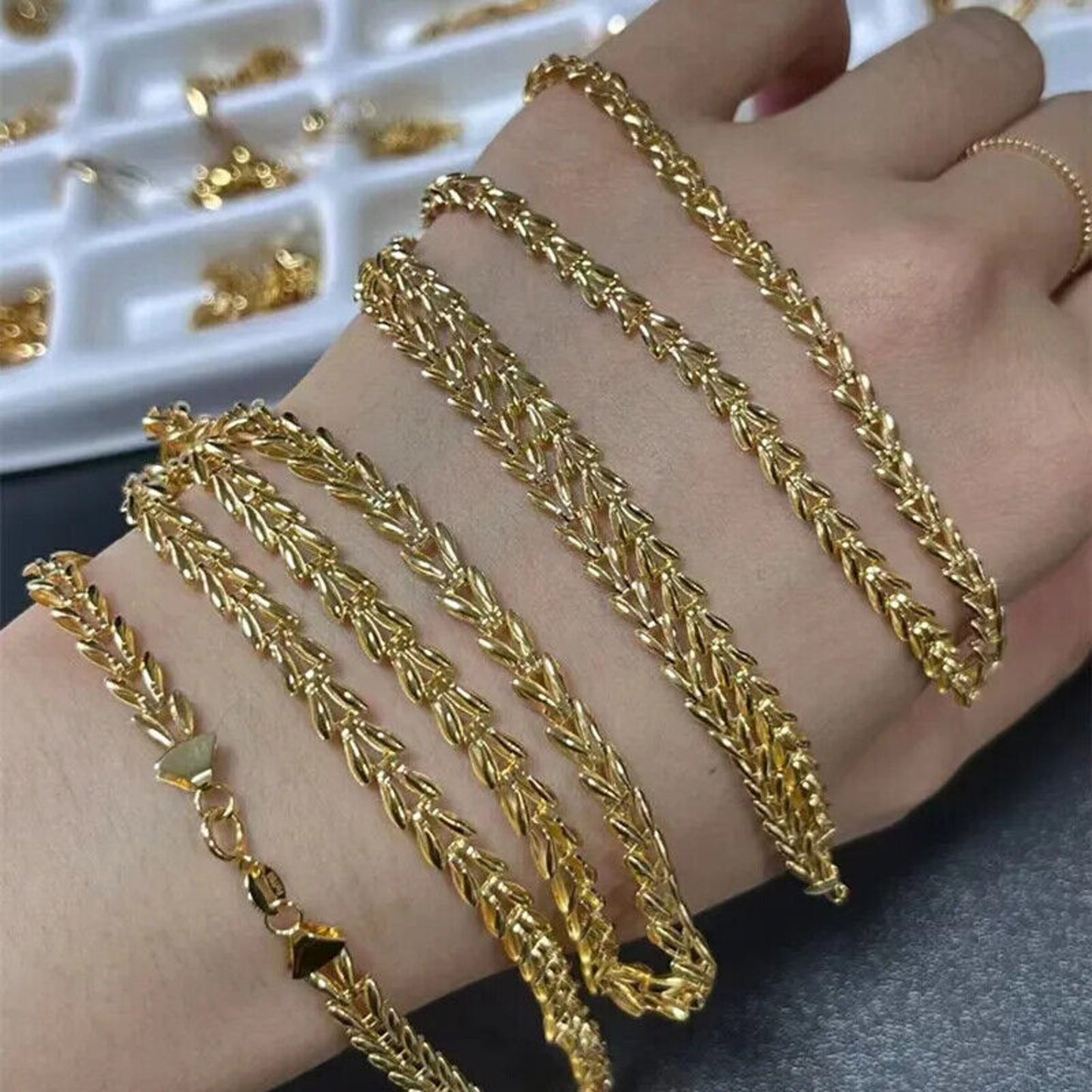 18k Gold Wheat Chain Bracelet or Necklace, Solid Yellow Gold Wheat Chain Au750