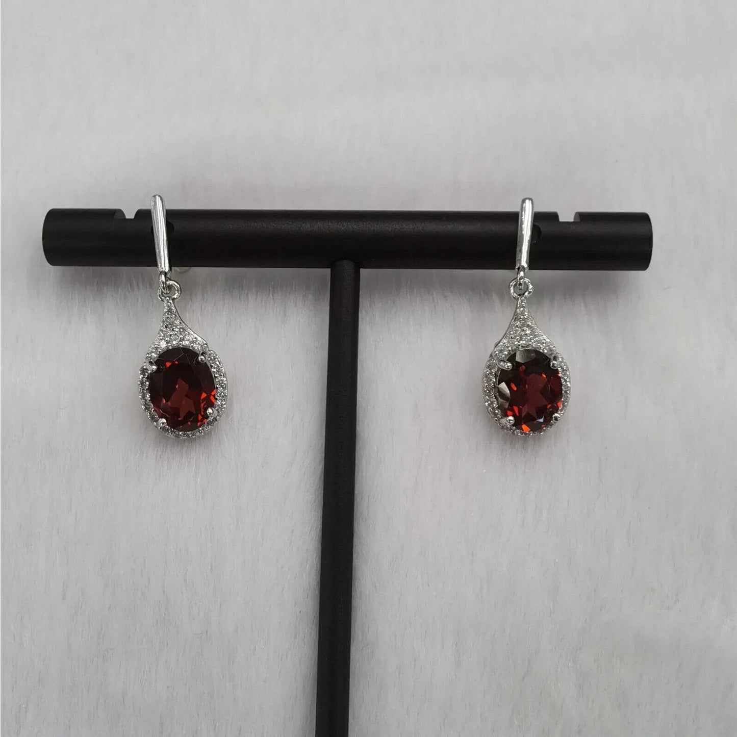 Dark Red Garnet Dangle Earrings 6x8mm Platinum Plated