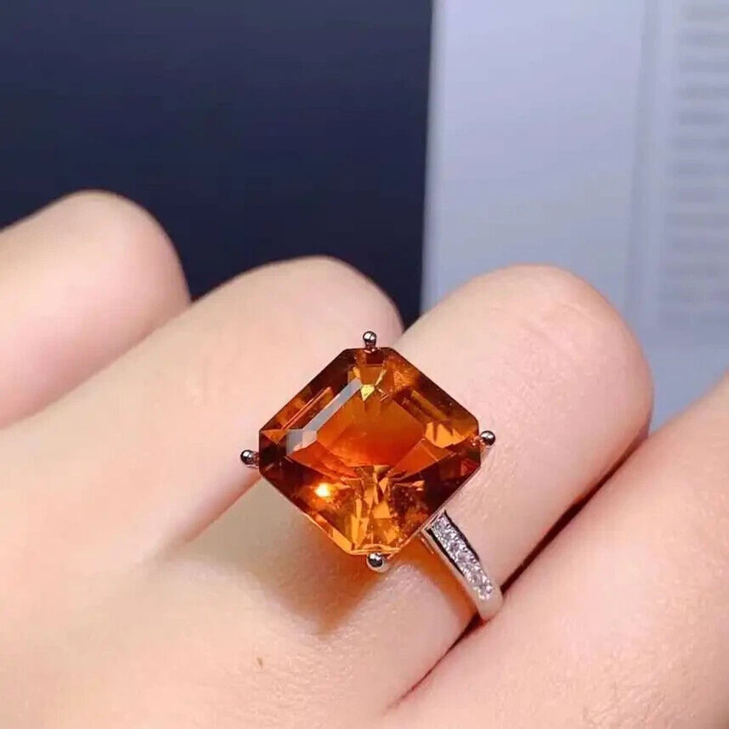 Asscher Cut Citrine Gemstone Ring, 12mm Sterling Silver