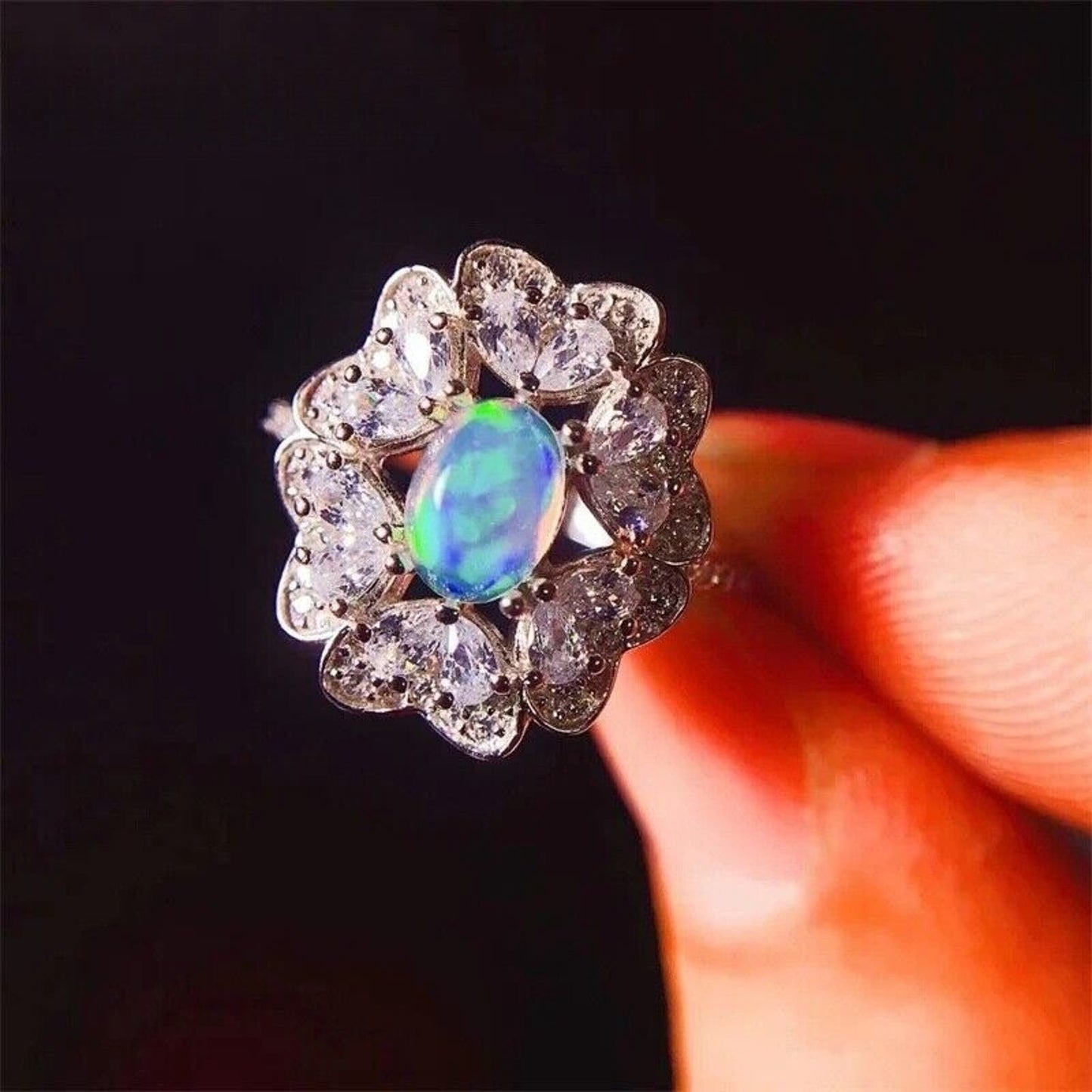 White Fire Opal Cluster Statement Ring 5x7mm