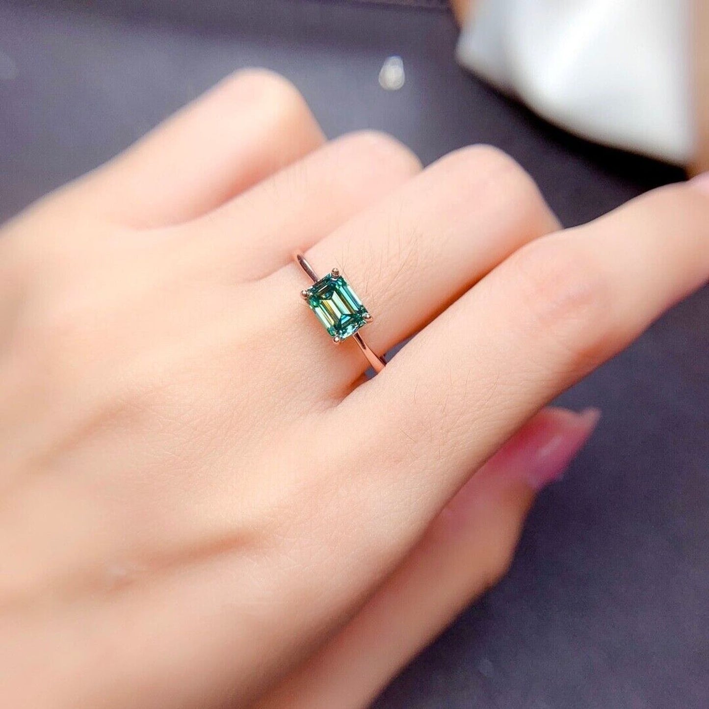 Horizontal Emerald Cut Green Moissanite Ring VVS1 1 CT