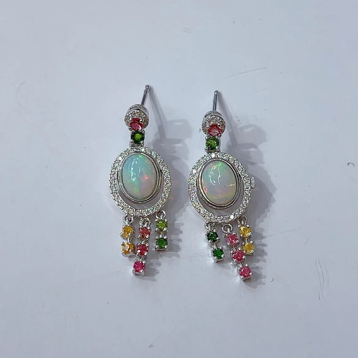 White Opal and Brazilian Tourmaline Dangle Earrings