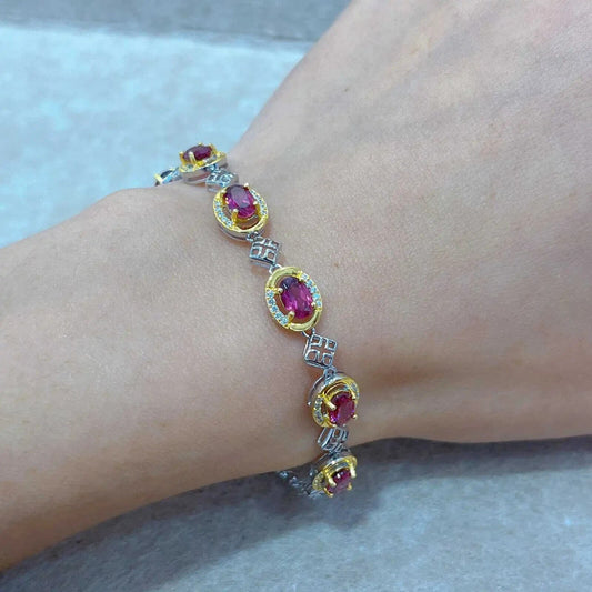 Pink Garnet Two Tone Metal Chain Bracelet 4x6mm