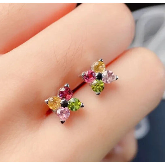 Multicolor Dainty Tourmaline Flower Stud Earrings