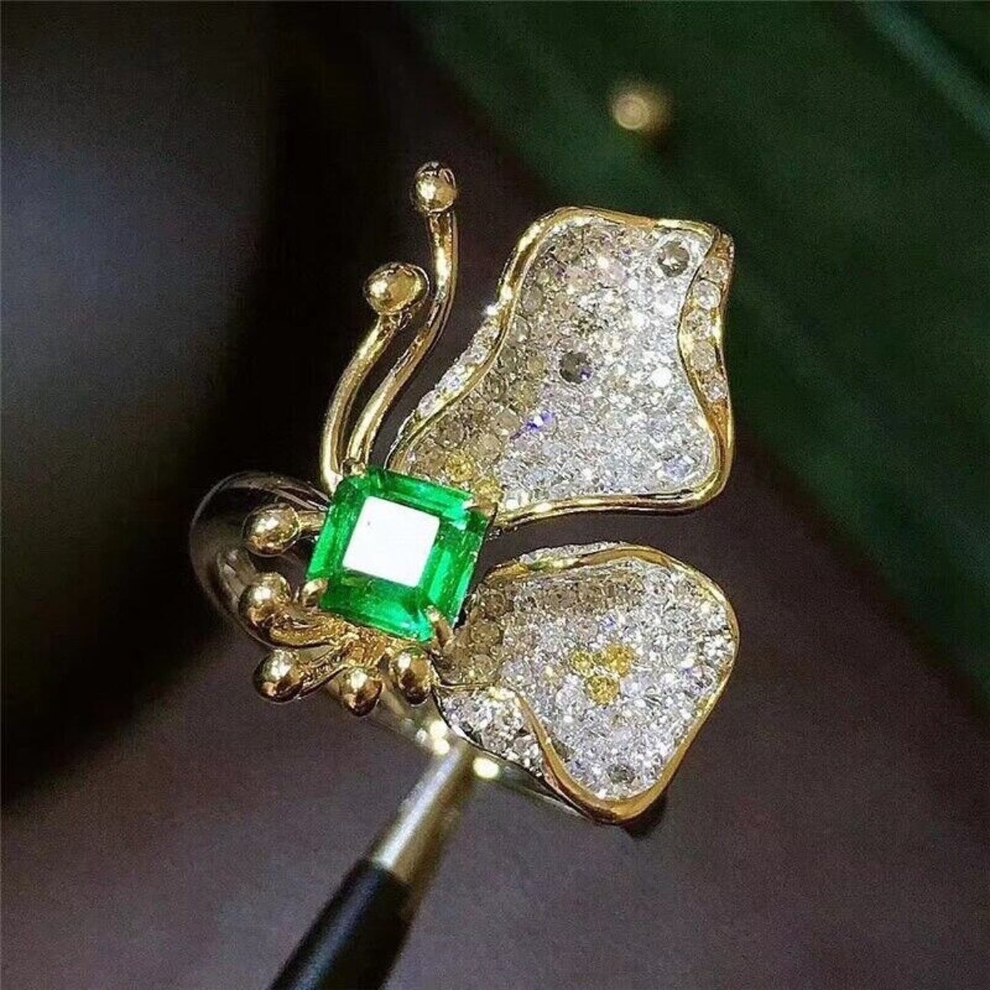 Natural Emerald Butterfly Ring 4.5mm Sterling Silver