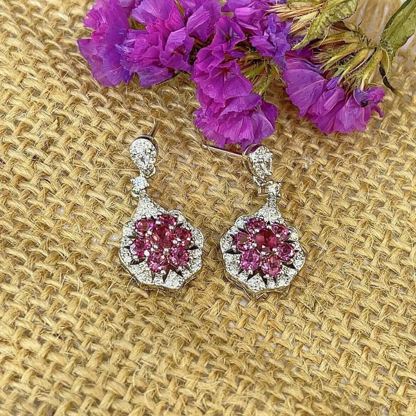 Pink Garnet Dangle Drop Earrings, Pink Garnet Natural Gemstone Earrings Platinum