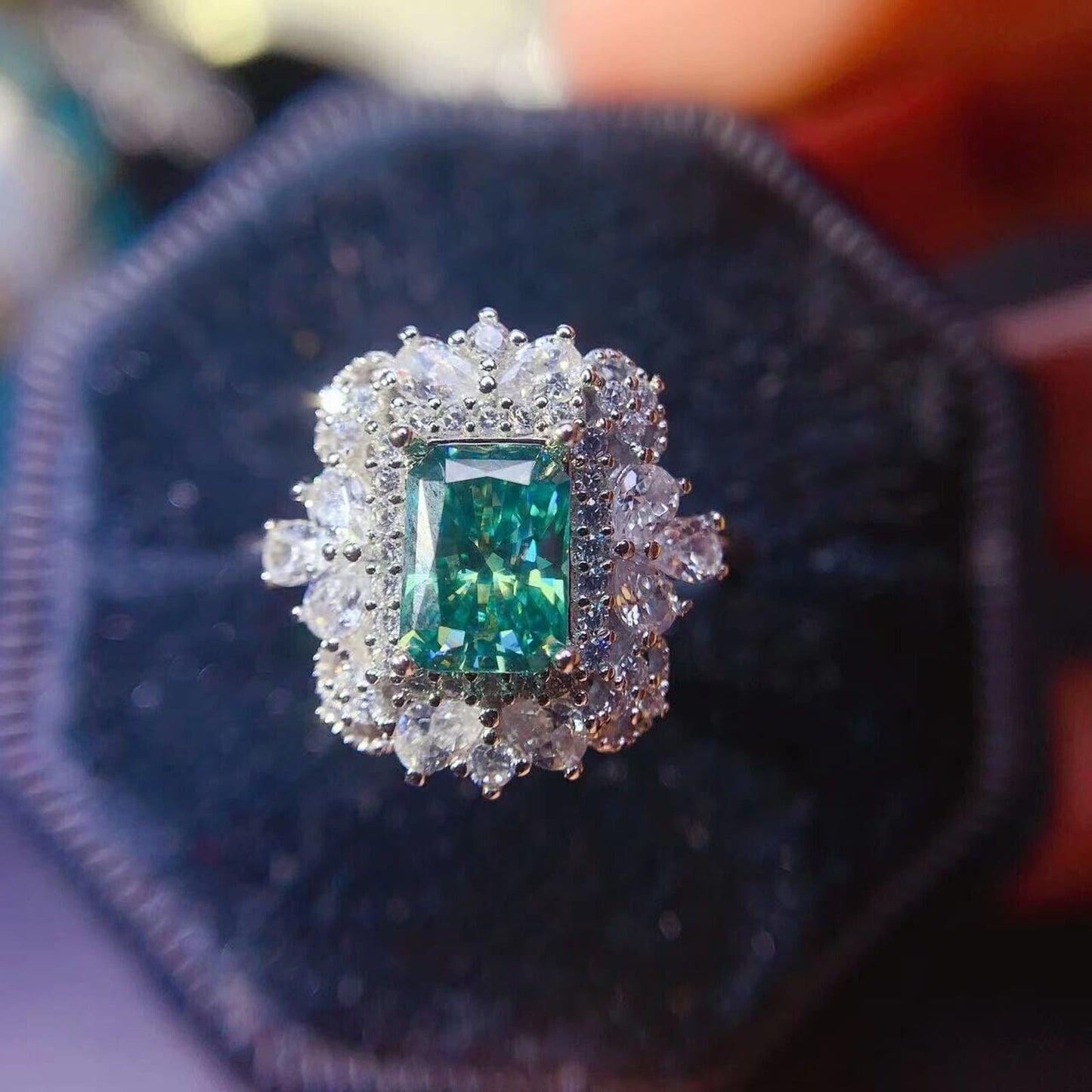 5x7mm Green Radiant Cut Moissanite Ring, Women's Green Moissanite Cocktail Ring