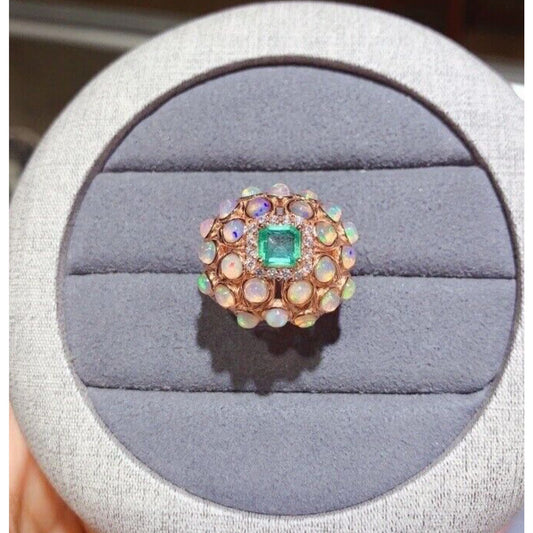 Fire Opal and Colombian Emerald Gemstone Statement Ring