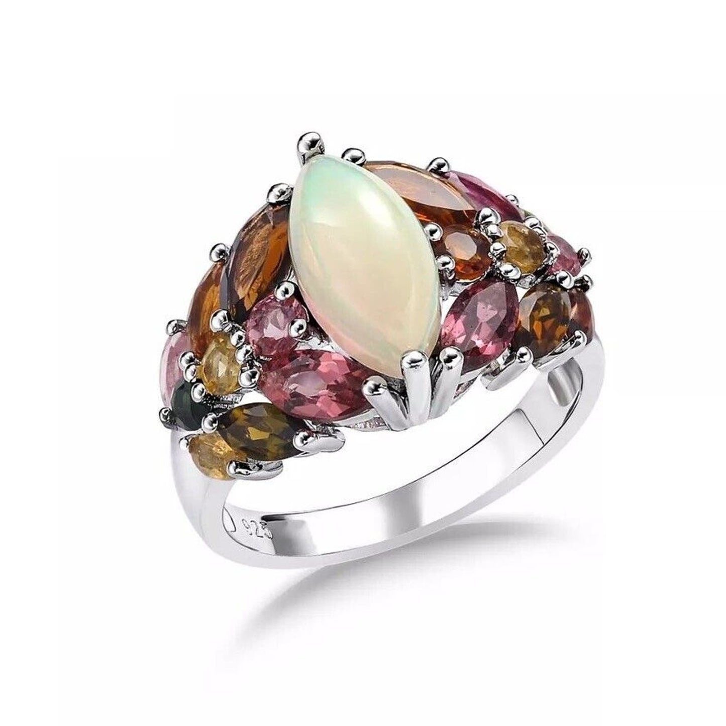 Marquise Cut Opal and Multicolor Tourmaline Gemstone Ring