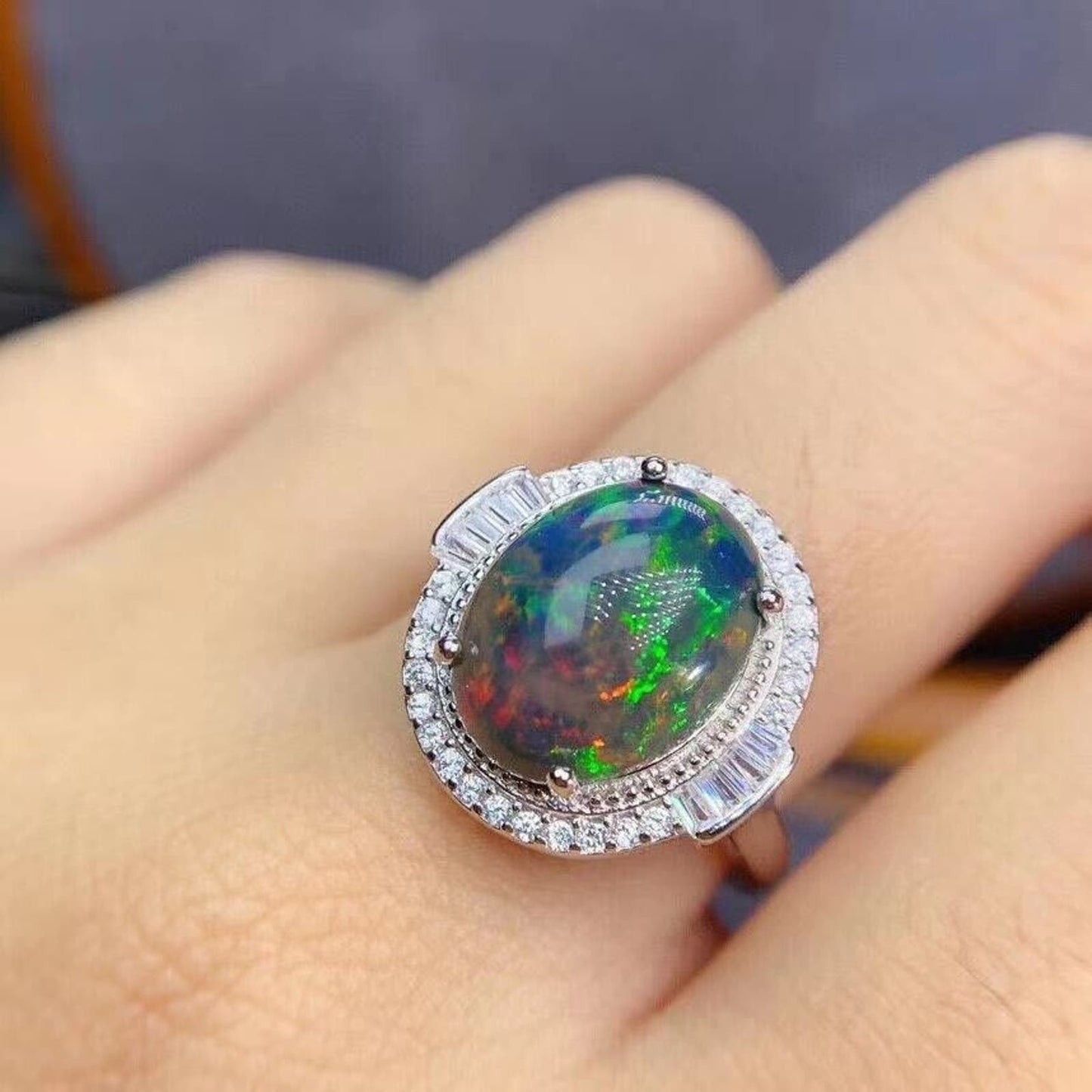 Black Opal Statement Ring 10x12mm Sterling Silver