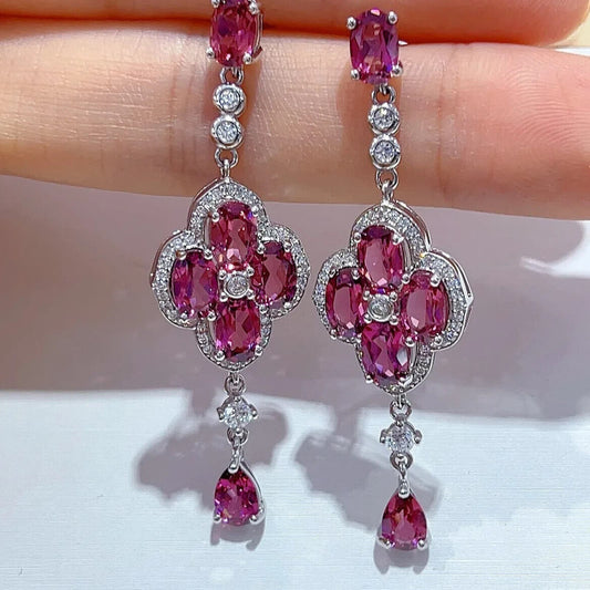 Pink Garnet Gemstone Dangle Earrings, Long Gemstone Dangle Earrings Platinum