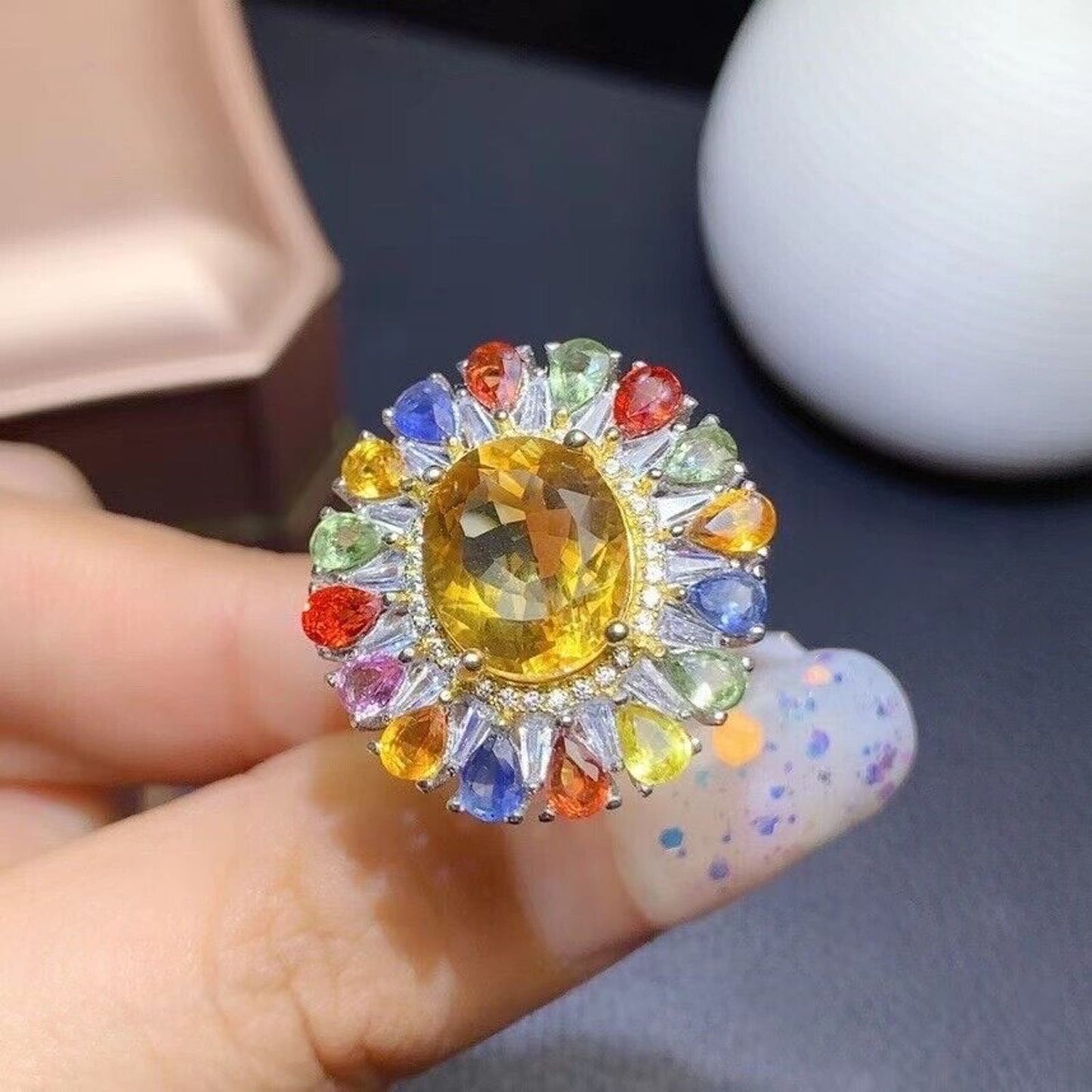 Natural Citrine and Sapphire Gemstone Ring, Colorful Citrine and Sapphire Ring