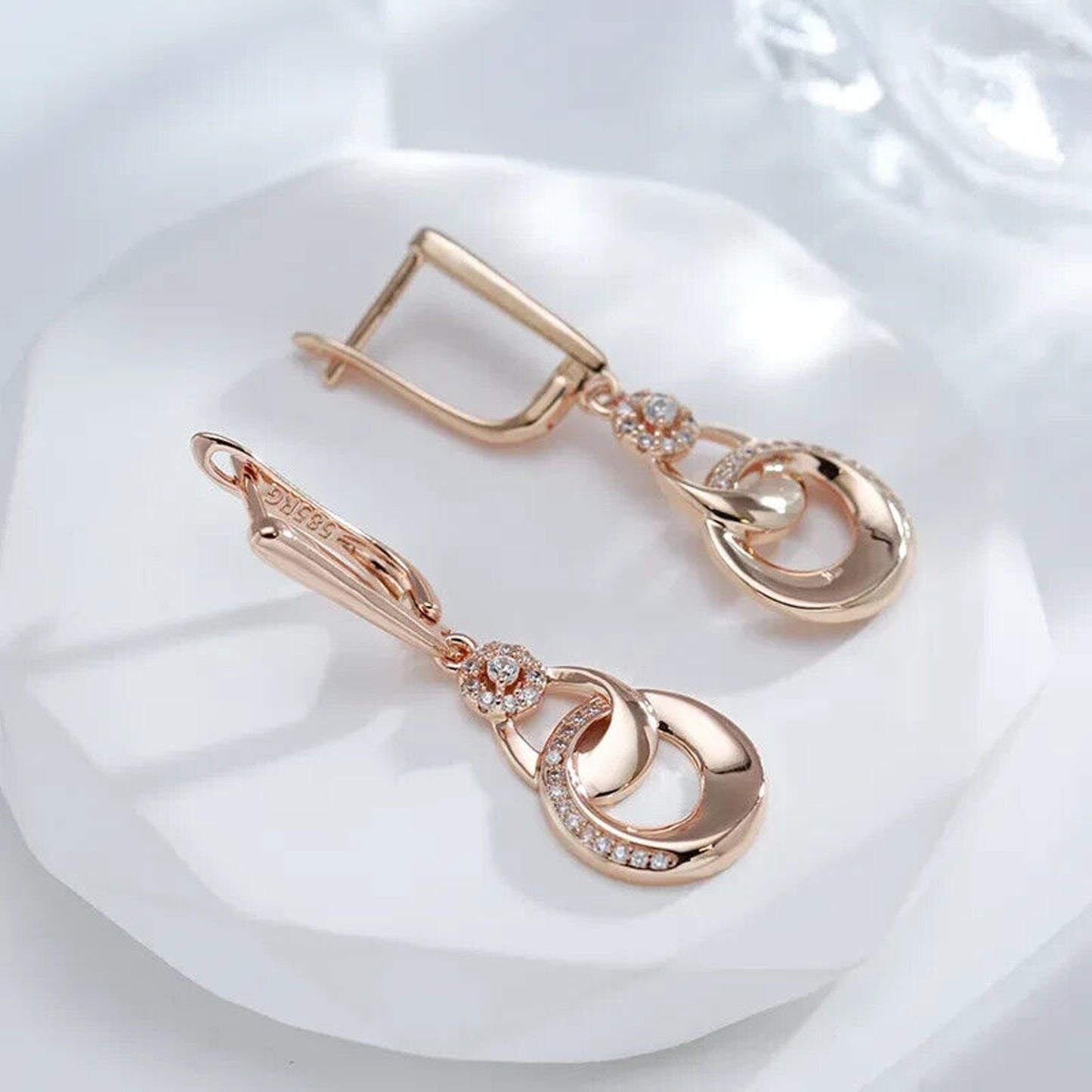 Rose Gold Earrings, Shiny Rose Gold Dangle Earrings, 585 Rose Gold Stud